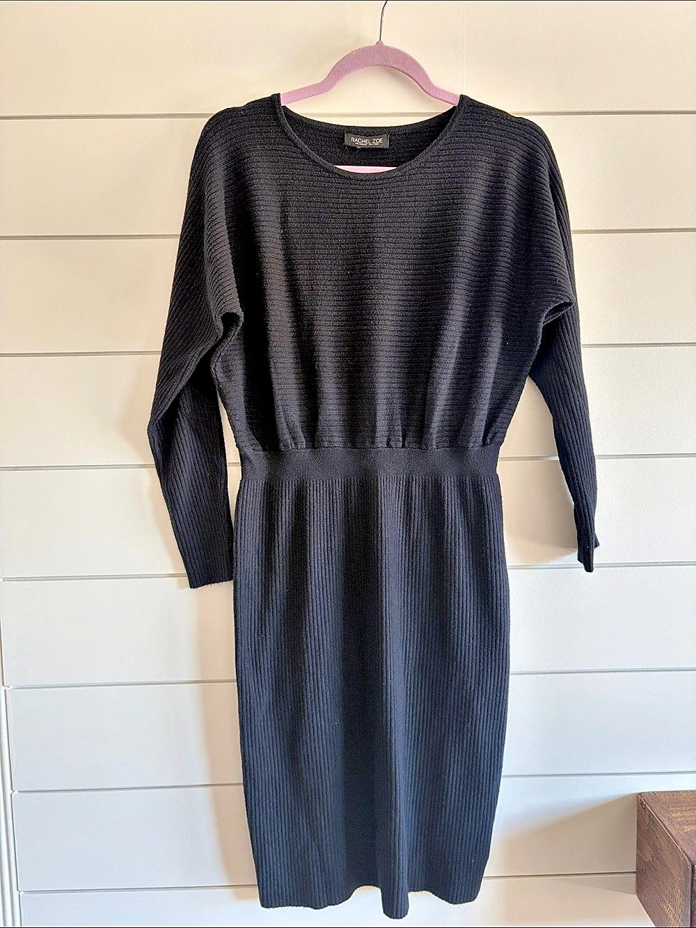 Rachel Zoe Ribbed Long Sleeve Midi Sweater Dress in Black Size Large